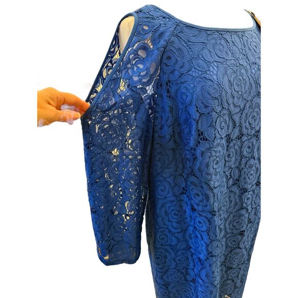 Adrianna Papell Cobalt Blue Lace Overlay Knee Length 18w Exposed Shoulder Dress - Picture 8 of 15